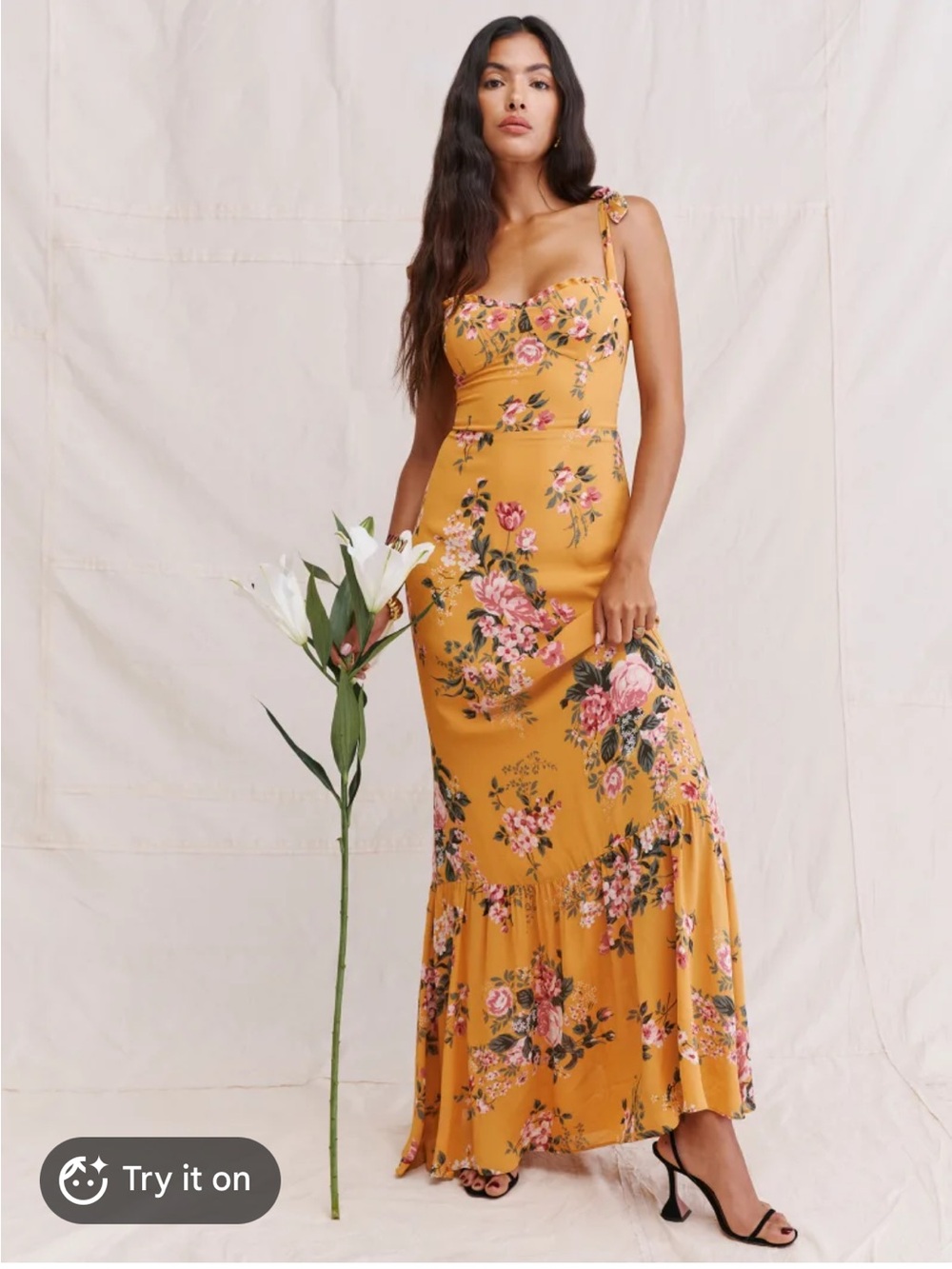 Reformation Jasen Yellow Floral Tie-Shoulder Maxi Dress